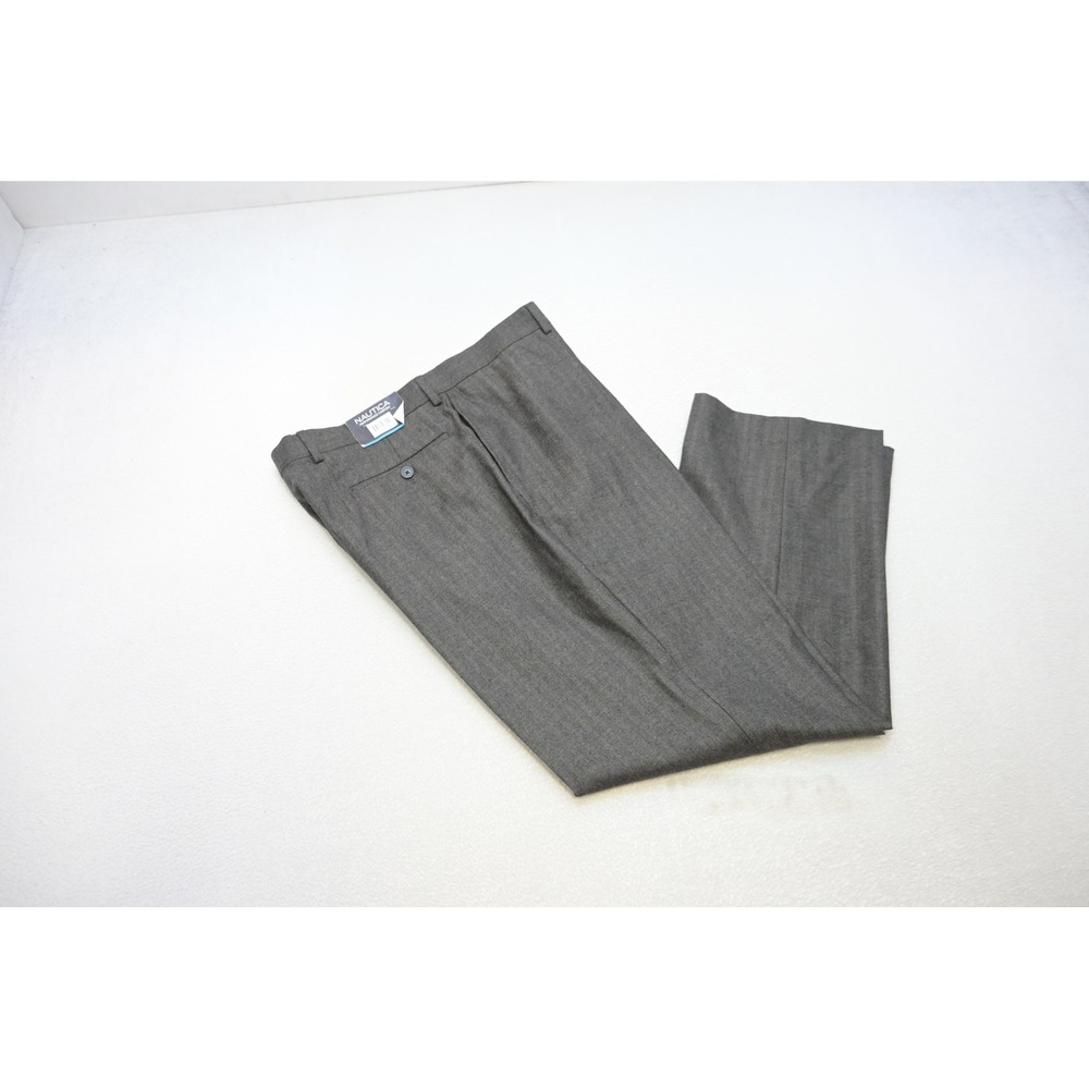 Nautica Dress Pants Mens 36W Charcoal Herringbone 100% Wool Flat Front New